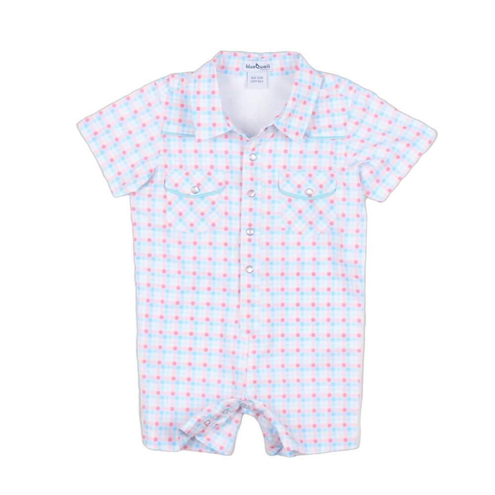 NEW BLUE QUAIL CLOTHING CO. kids liberty pearl snap romper in plaid & check